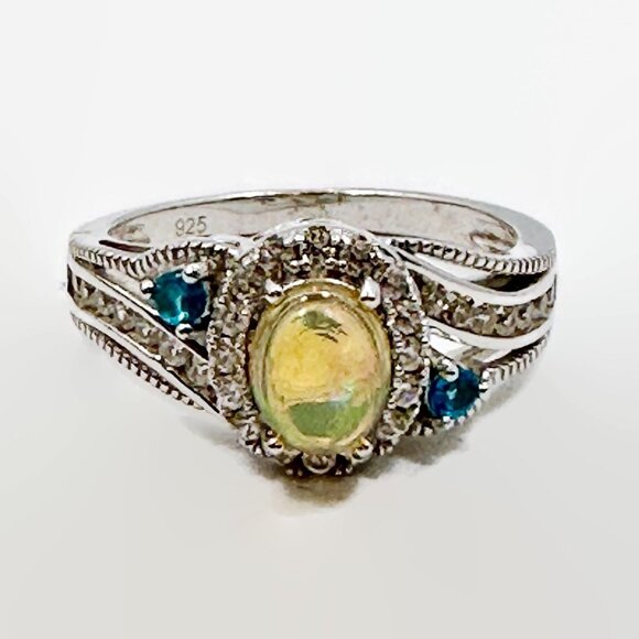 Jelly Opal Ring, Sterling Silver, Vintage, Size 10, CZs, Faux Blue Topaz - Picture 5 of 7